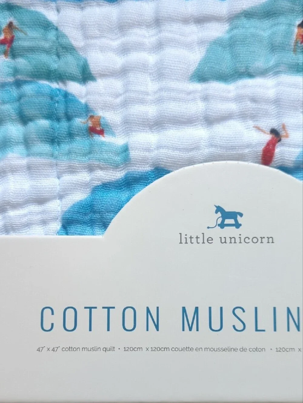 Little Unicorn Cotton Muslin Quilt - Blue & White Waves with Red Swimmers